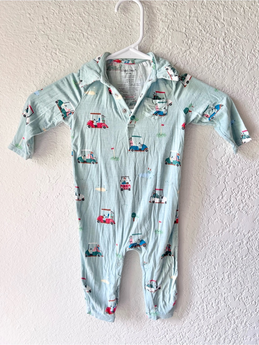 Angel Dear Teal Bamboo Golf Cart Print Collared Romper Sz 6-12M